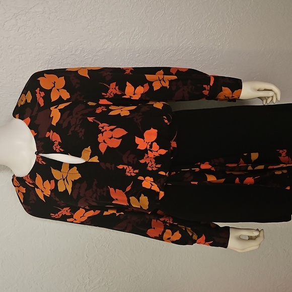 MANGO Floral Black and Orange Keyhole Long Sleeve Tie Waist Blouse - Picture 3 of 8